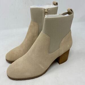 Violet & Red Loaded Knit Cuff Bootie Block Heel Faux Suede Tan Womens Size 7.5